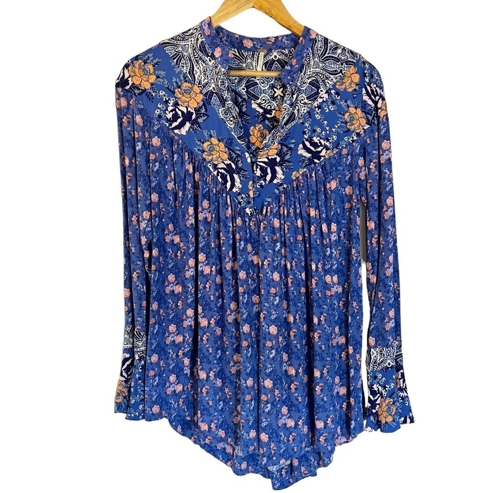 Free People Wildflower Fields Cottagecore Blue Tunic Top Bohemian Boho